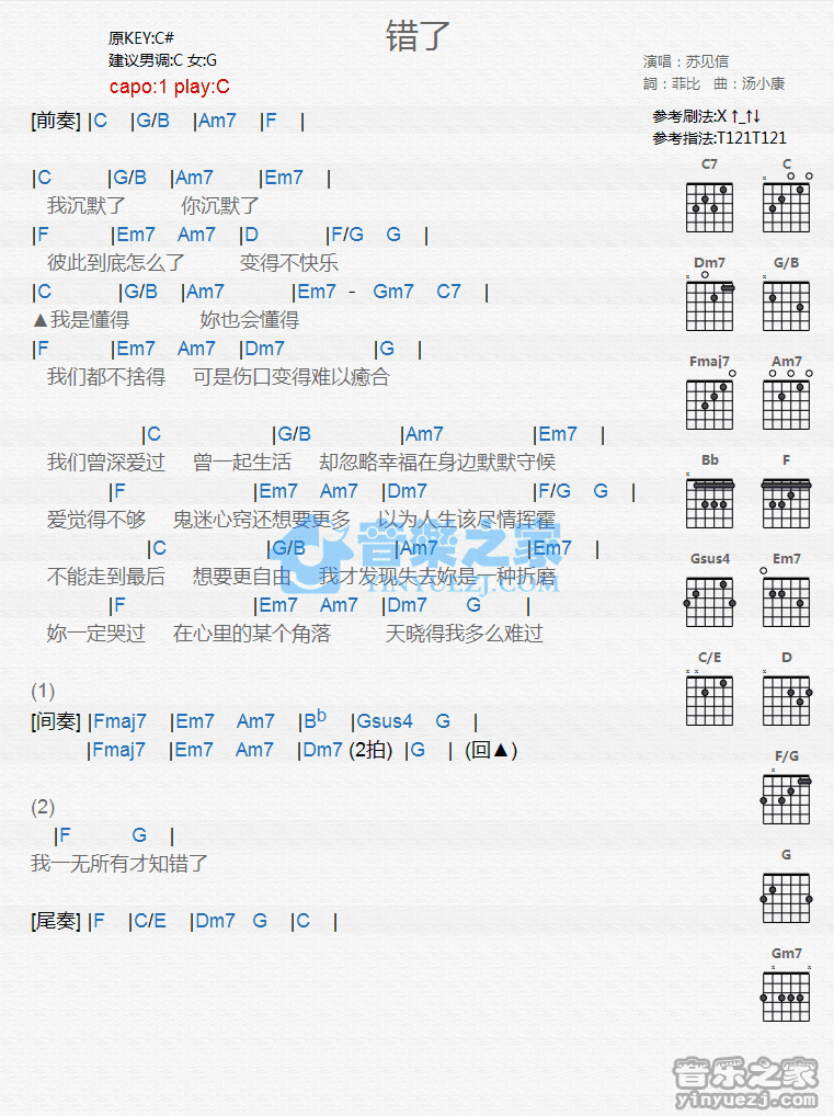 《错了吉他谱》_苏见信_C调_吉他图片谱1张 图1