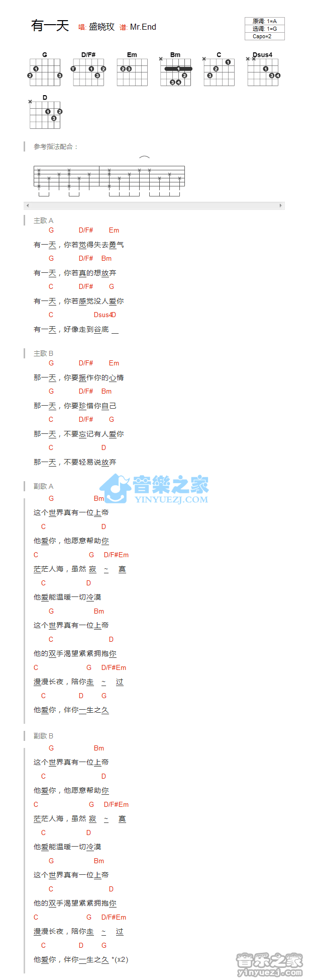 《有一天吉他谱》_盛晓玫_G调_吉他图片谱1张 图1