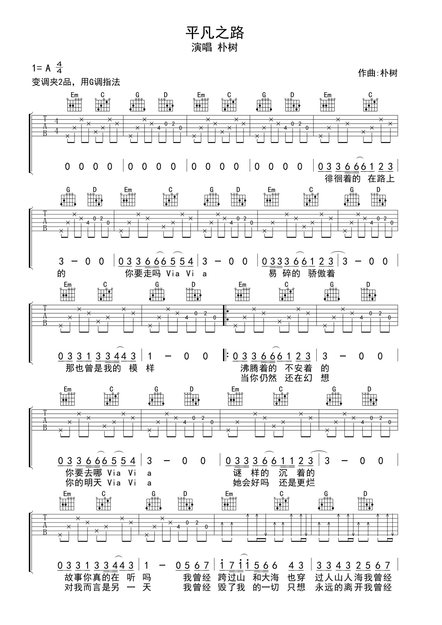《平凡之路吉他谱》_朴树_G调_吉他图片谱2张 图1