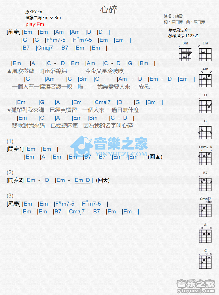 《心碎吉他谱》_陈雷_G调_吉他图片谱1张 图1