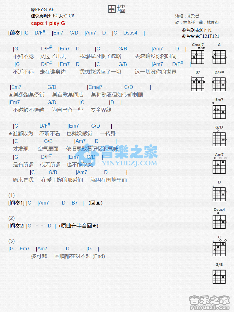 《围墙吉他谱》_李玖哲_G调_吉他图片谱1张 图1