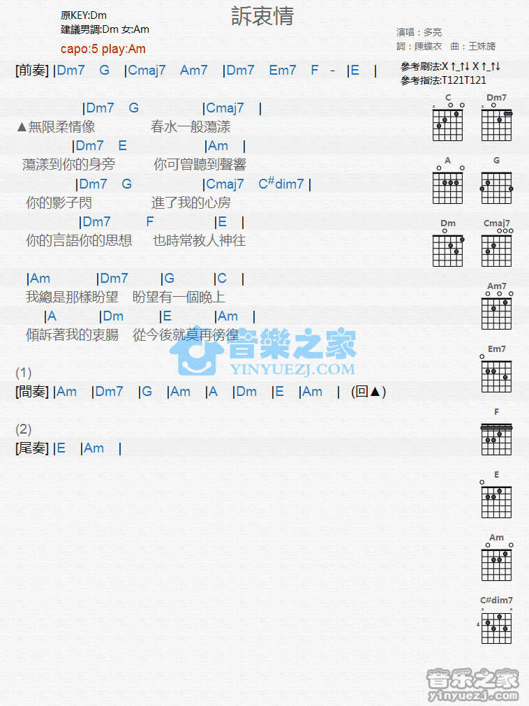 《诉衷情吉他谱》_多亮_C调_吉他图片谱1张 图1