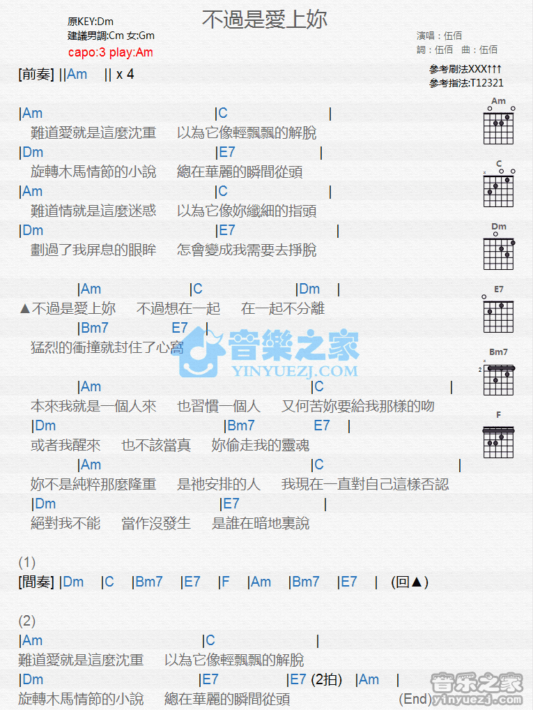 《不过是爱上你吉他谱》_伍佰_C调_吉他图片谱1张 图1