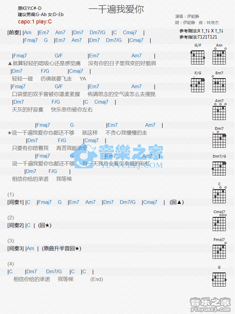 《一千遍我爱你吉他谱》_伊能静_C调_吉他图片谱1张 图1