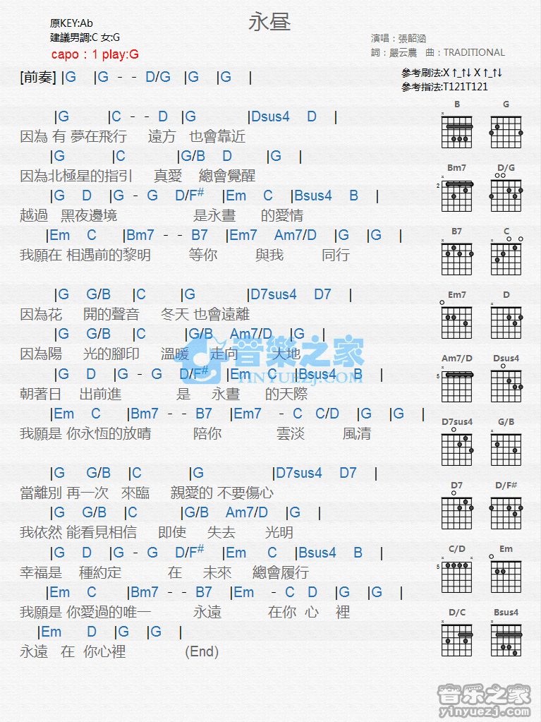 《永昼吉他谱》_张韶涵_G调_吉他图片谱1张 图1