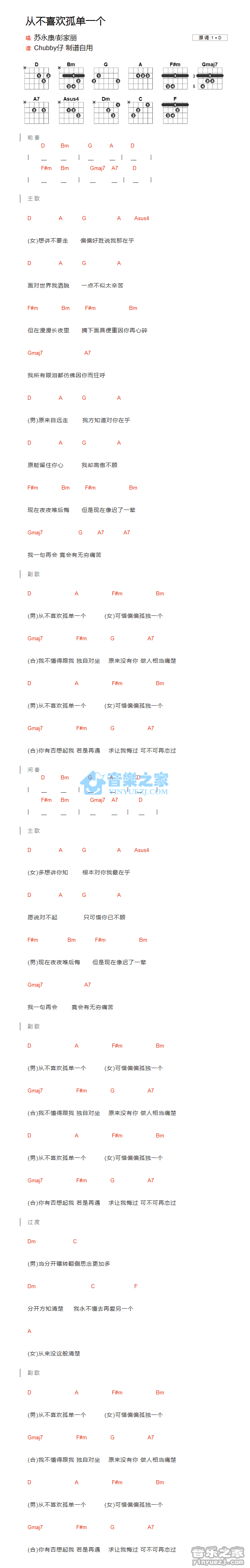 《从不喜欢孤单一个吉他谱》_苏永康/彭佳丽_D调_吉他图片谱1张 图1