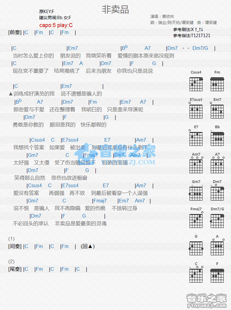 《非卖品吉他谱》_蔡依林_C调_吉他图片谱1张 图1