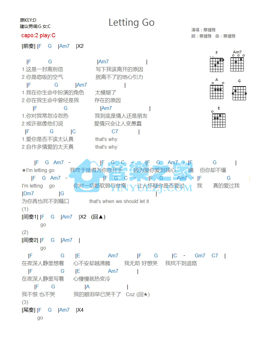 《Letting Go吉他谱》_蔡健雅_C调_吉他图片谱1张 图1