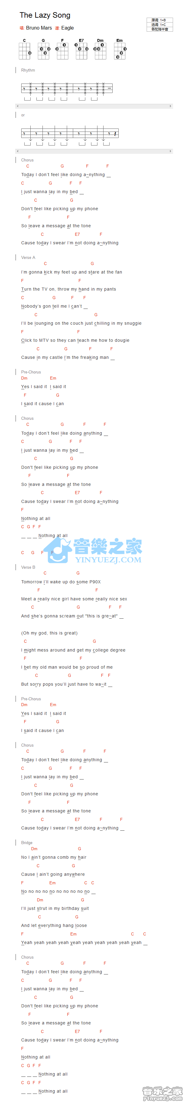 《The lazy song吉他谱》_The_C调_吉他图片谱1张 图1