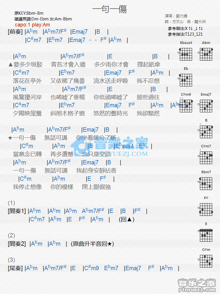 《一句一伤吉他谱》_刘力扬_C调_吉他图片谱1张 图1