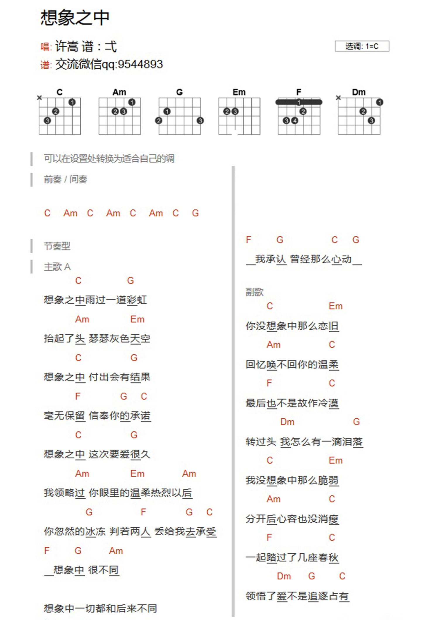 《想象之中吉他谱》_许嵩_C调_吉他图片谱2张 图1