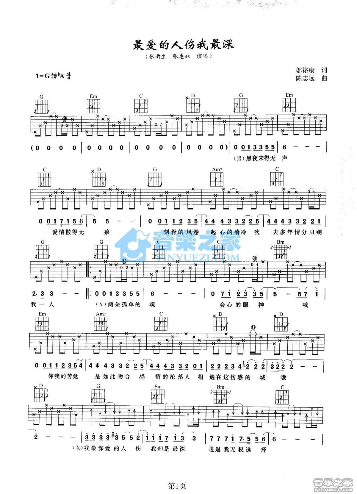 《最爱的人伤我最深吉他谱》_张雨生/张惠妹_G调_吉他图片谱2张 图1