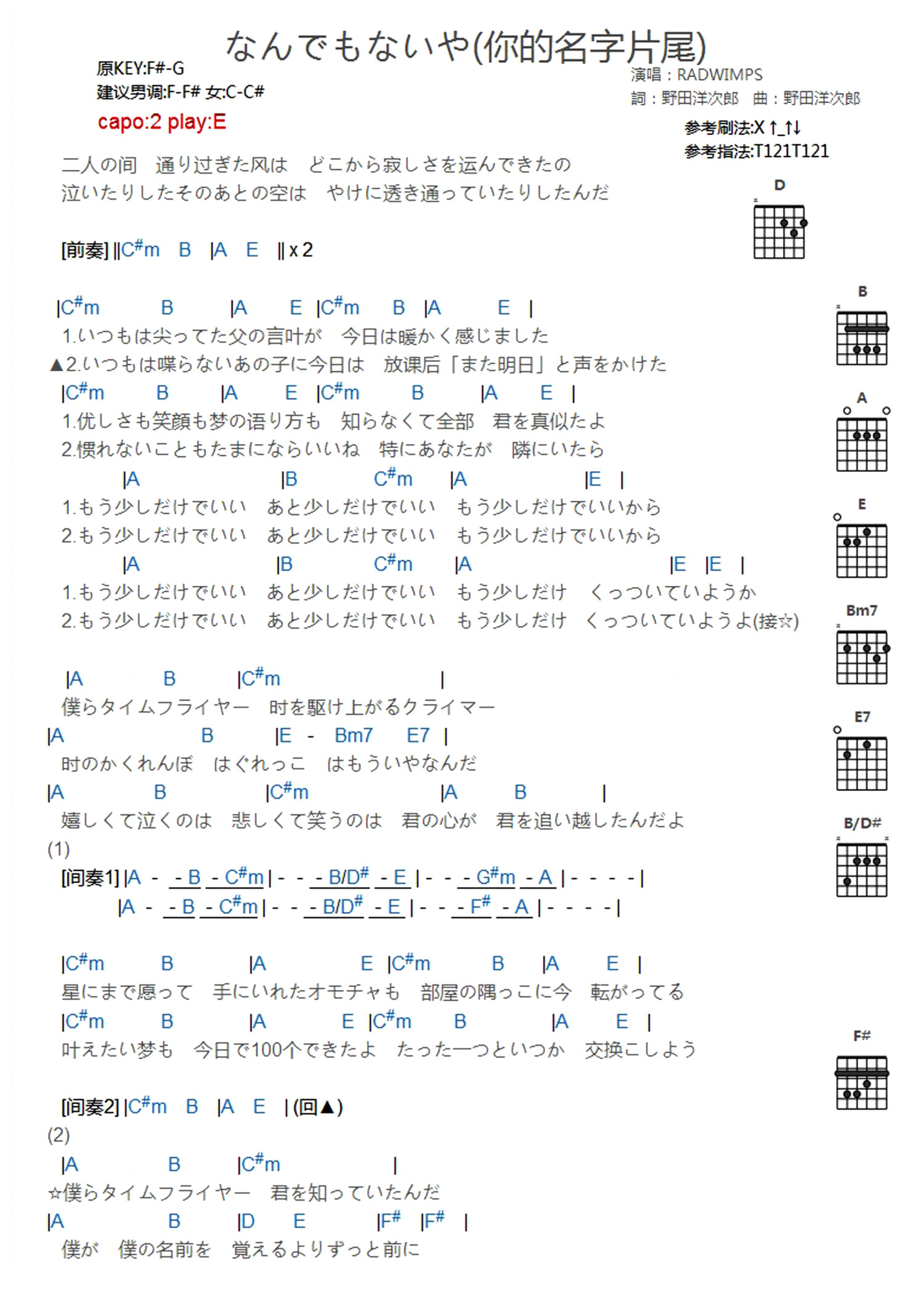 《なんでもないや吉他谱》_RADWIMPS_未知调_吉他图片谱2张 图1