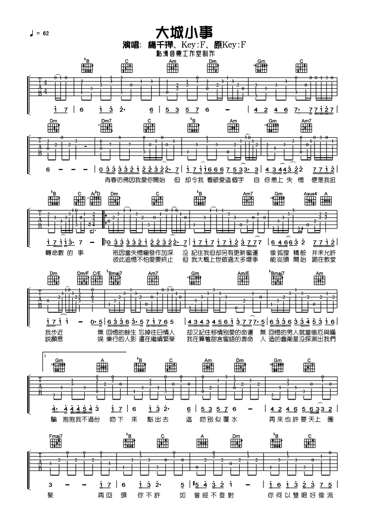 《大城小事吉他谱》_杨千嬅_F调_吉他图片谱2张 图1