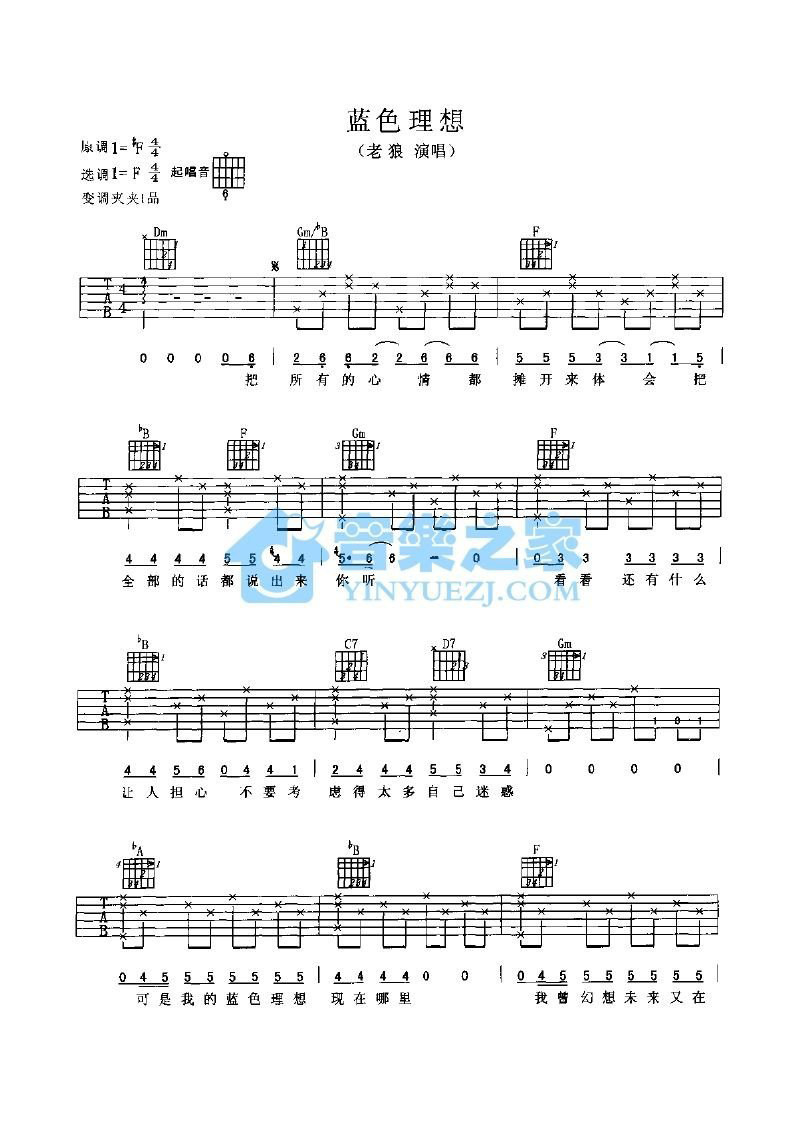 《蓝色理想吉他谱》_老狼_F调_吉他图片谱2张 图1