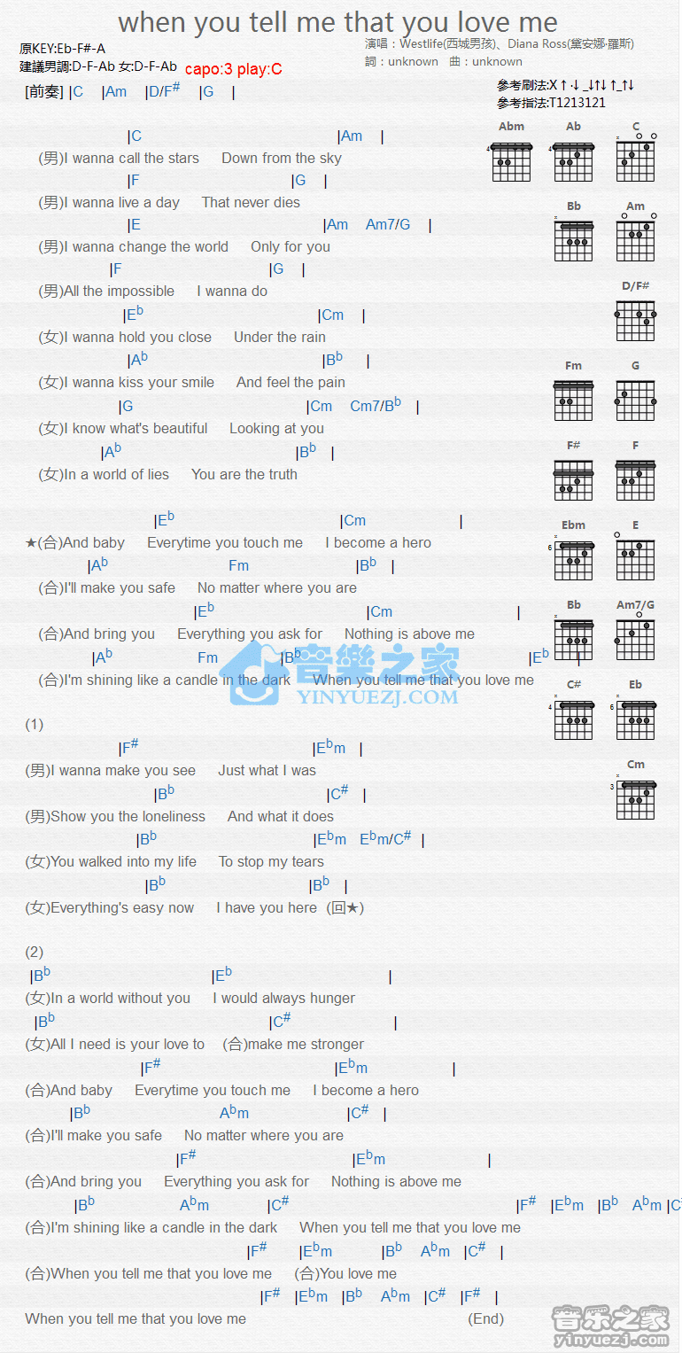 《When You Tell Me That You Love Me吉他谱》_西域男孩_C调_吉他图片谱1张 图1