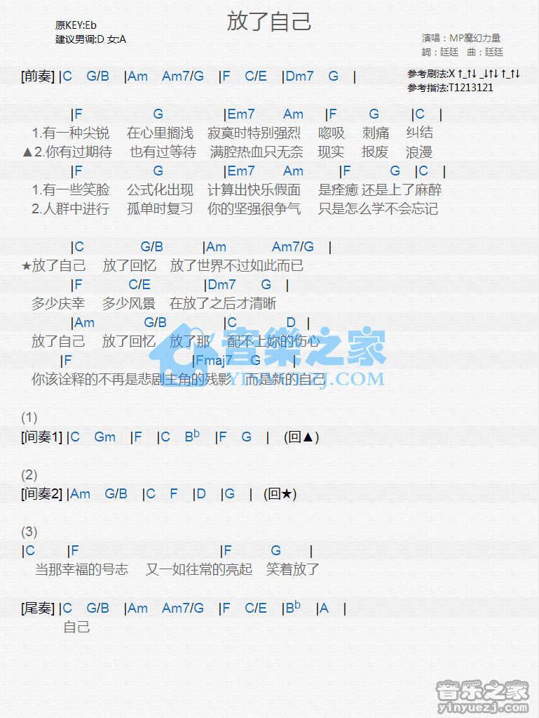 《放了自己吉他谱》_MP魔幻力量_未知调_吉他图片谱1张 图1