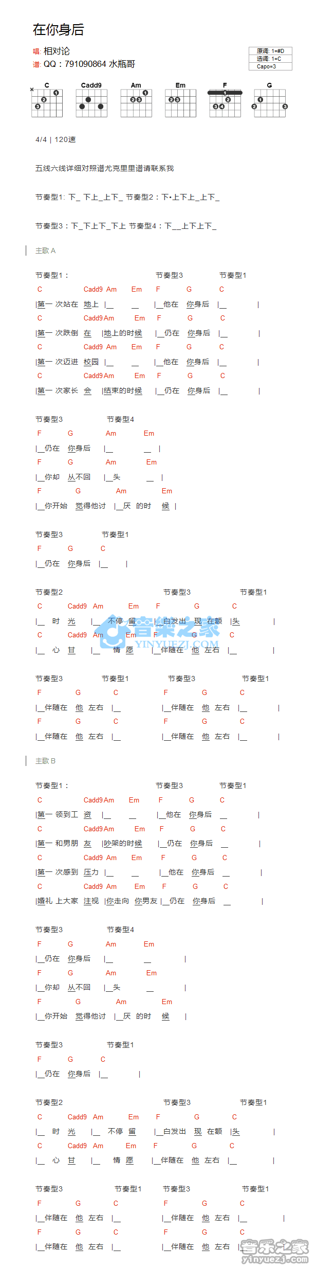 《在你身后吉他谱》_相对论乐队_C调_吉他图片谱1张 图1