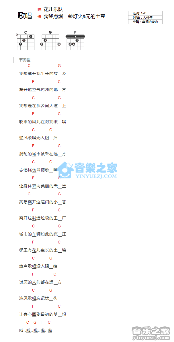 《歌唱吉他谱》_花儿乐队_C调_吉他图片谱1张 图1