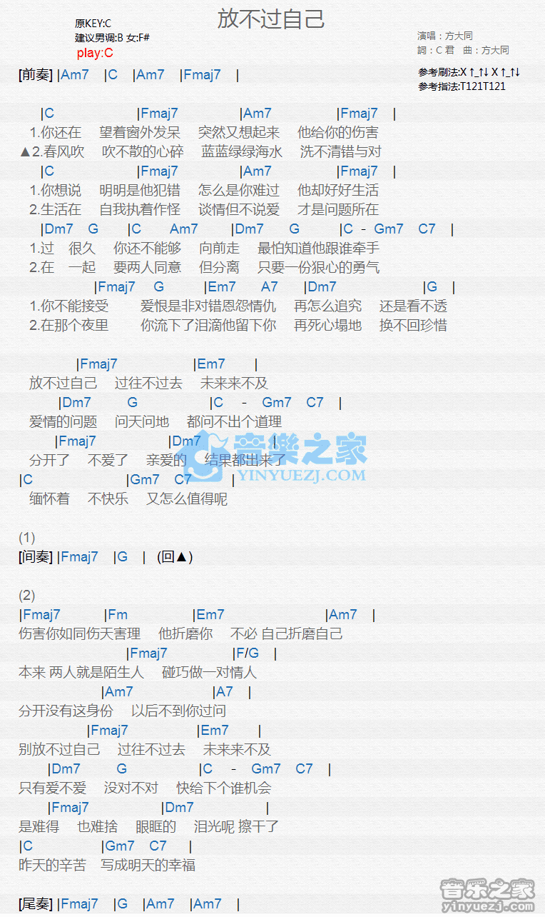 《放不过自己吉他谱》_方大同_C调_吉他图片谱1张 图1