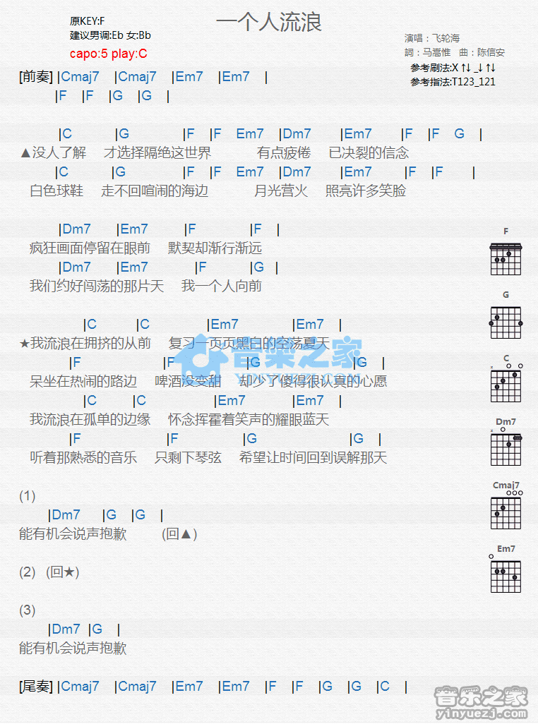 《一个人流浪吉他谱》_飞轮海_C调_吉他图片谱1张 图1