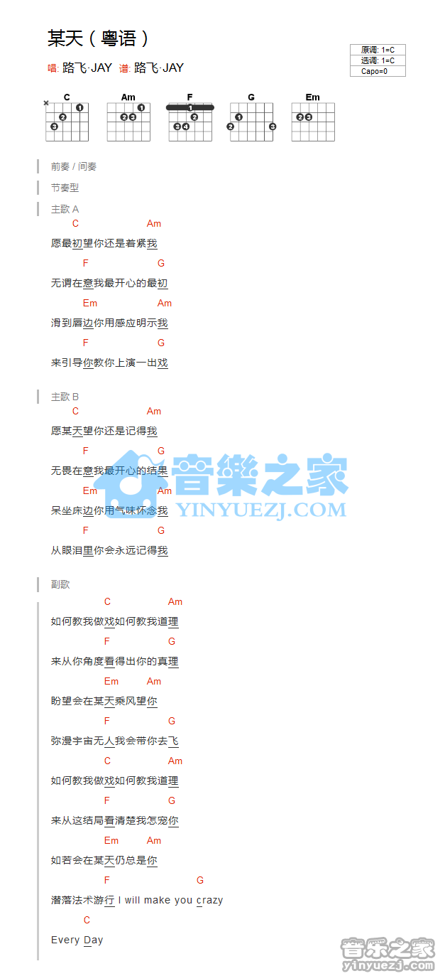 《某天吉他谱》_路飞JAY_C调_吉他图片谱1张 图1