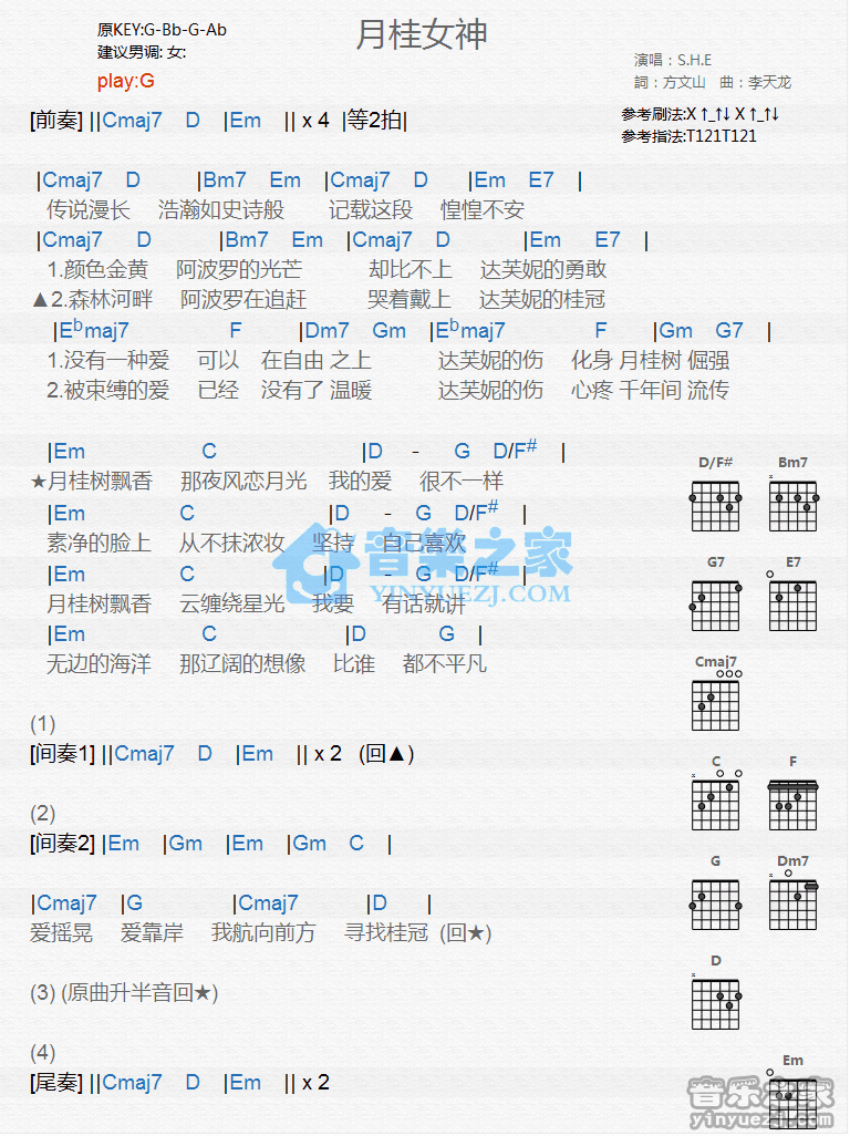 《月桂女神吉他谱》_S.H.E_G调_吉他图片谱1张 图1