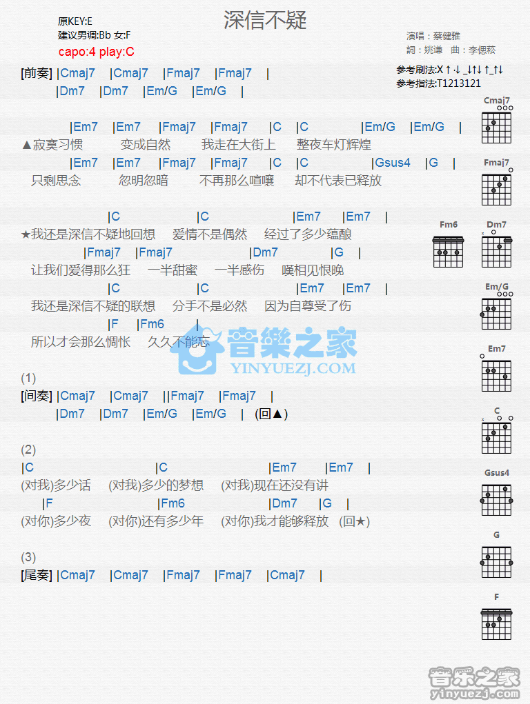 《深信不疑吉他谱》_蔡健雅_C调_吉他图片谱1张 图1