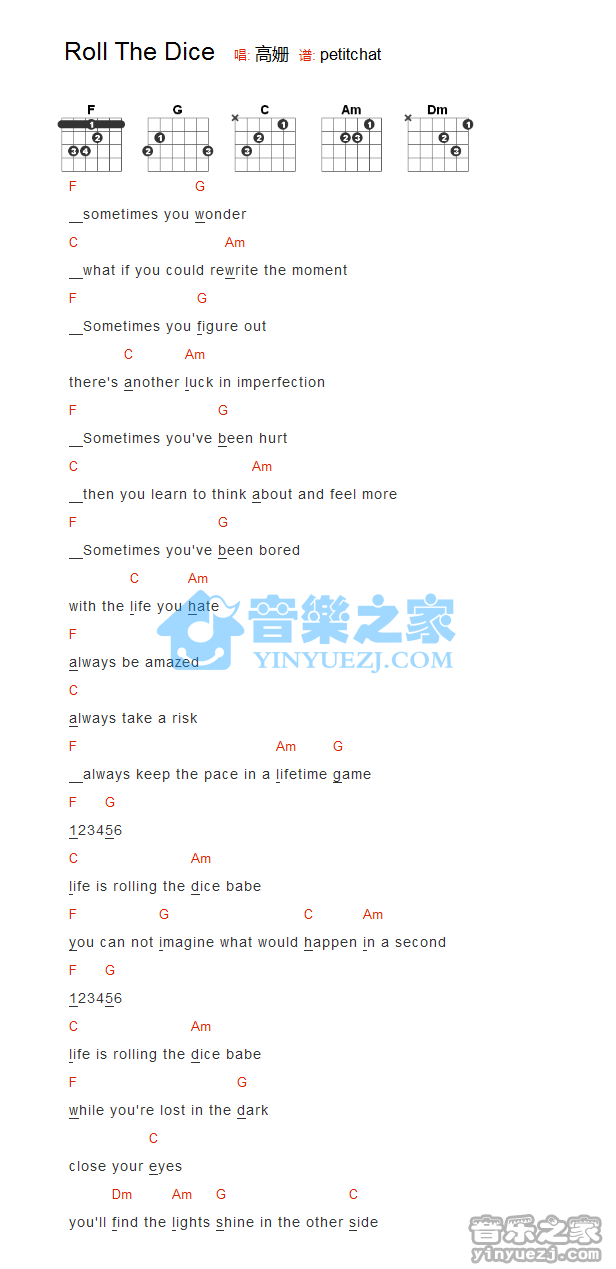 《Roll The Dice吉他谱》_高姗_F调_吉他图片谱1张 图1