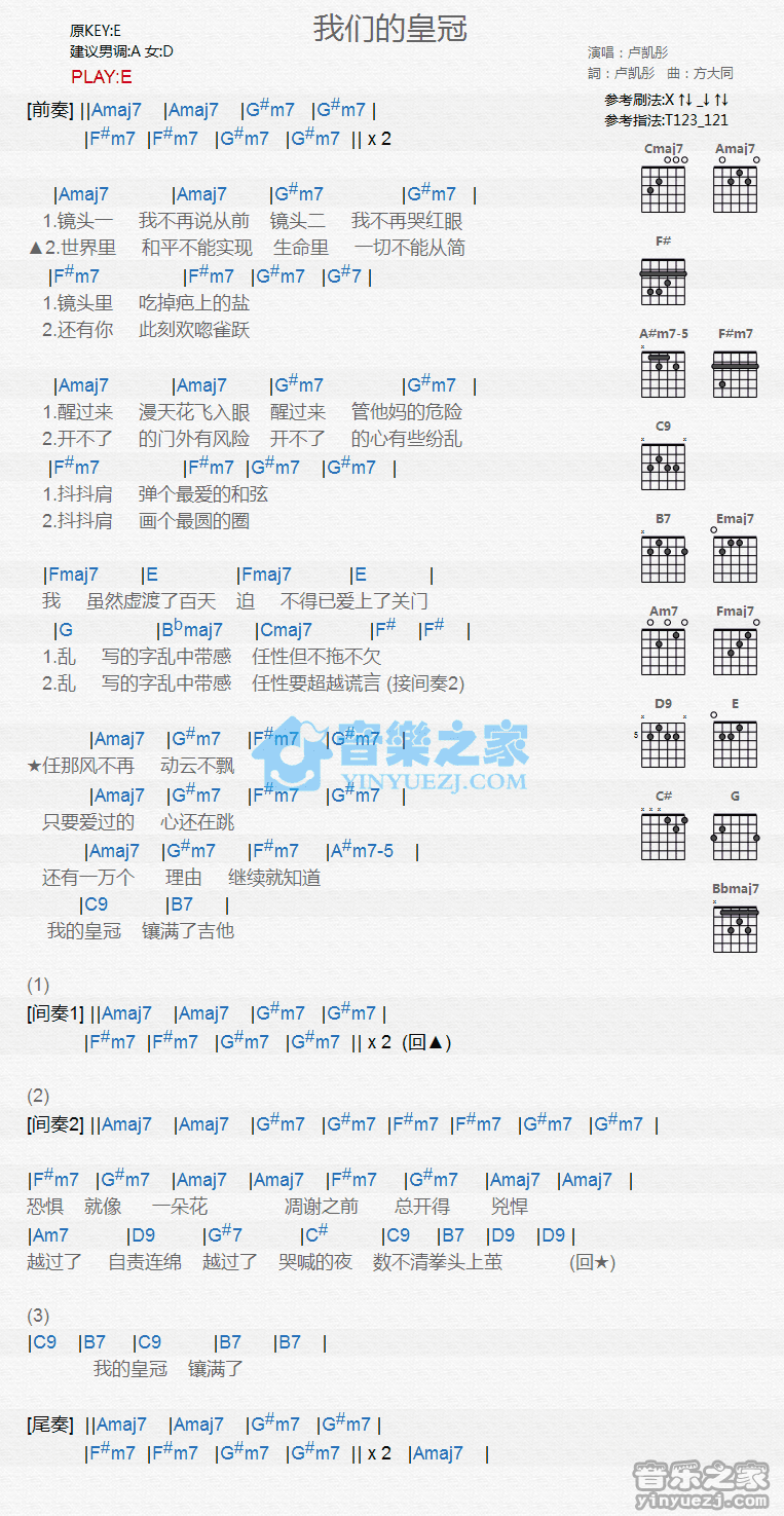 《我们的皇冠吉他谱》_卢凯彤_E调_吉他图片谱1张 图1