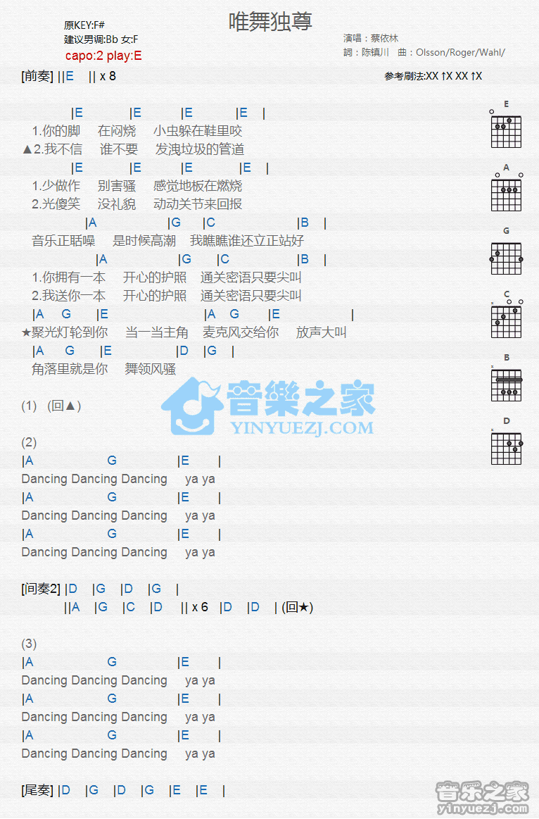 《唯舞独尊吉他谱》_蔡依林_E调_吉他图片谱1张 图1