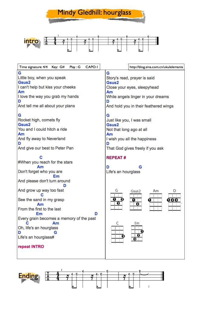 《hourglass吉他谱》_Mindy Gledhill_G调_吉他图片谱1张 图1