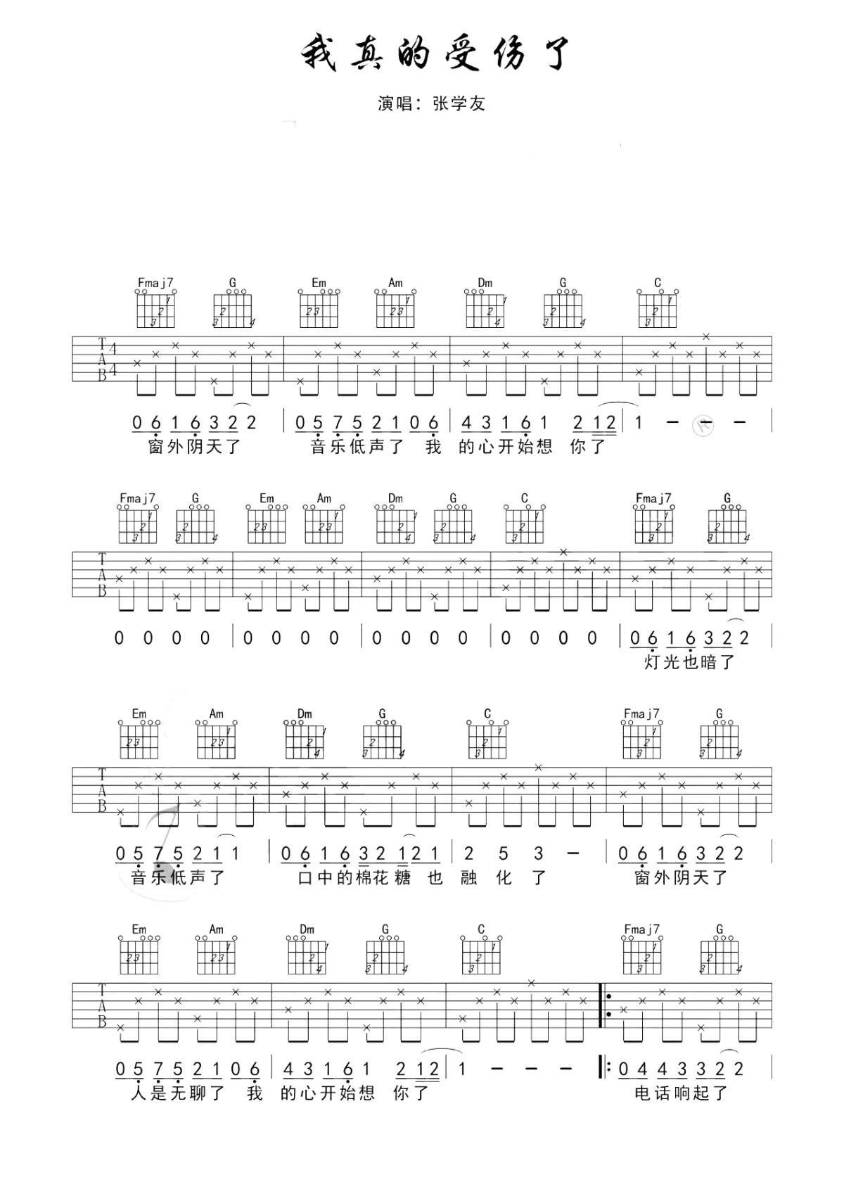 《我真的受伤了吉他谱》_张学友_C调_吉他图片谱2张 图1