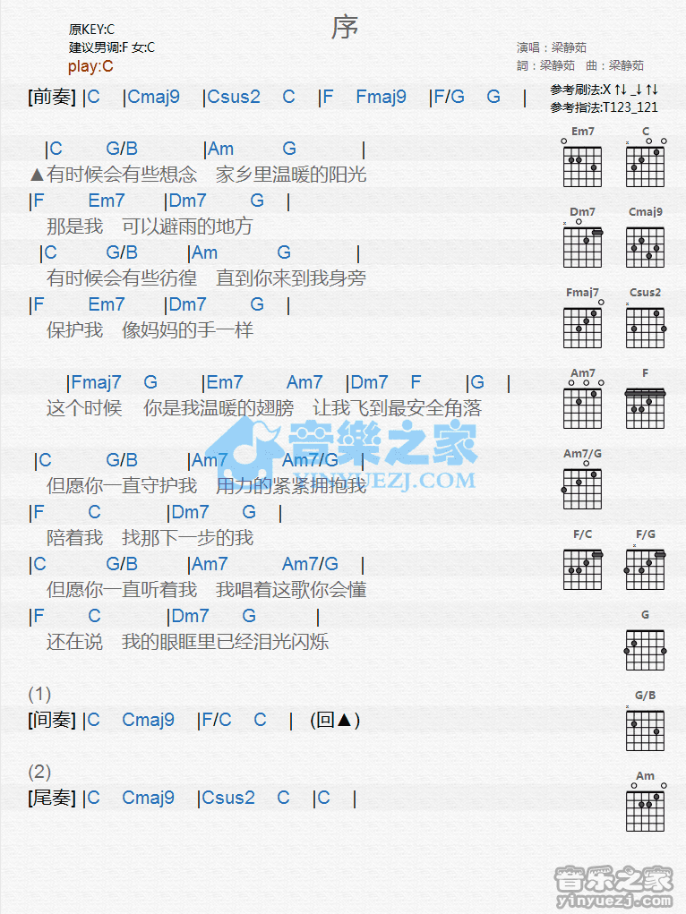 《序吉他谱》_梁静茹_C调_吉他图片谱1张 图1