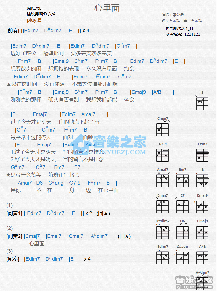 《心里面吉他谱》_李荣浩_E调_吉他图片谱1张 图1