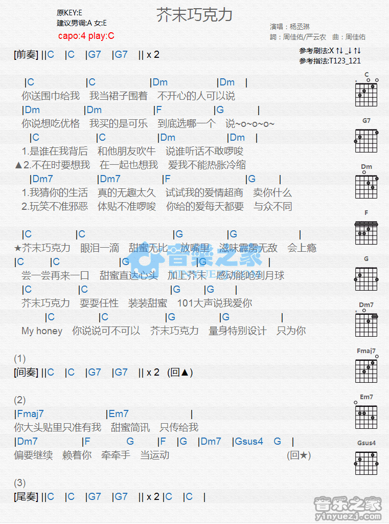 《芥末巧克力吉他谱》_杨丞琳_C调_吉他图片谱1张 图1