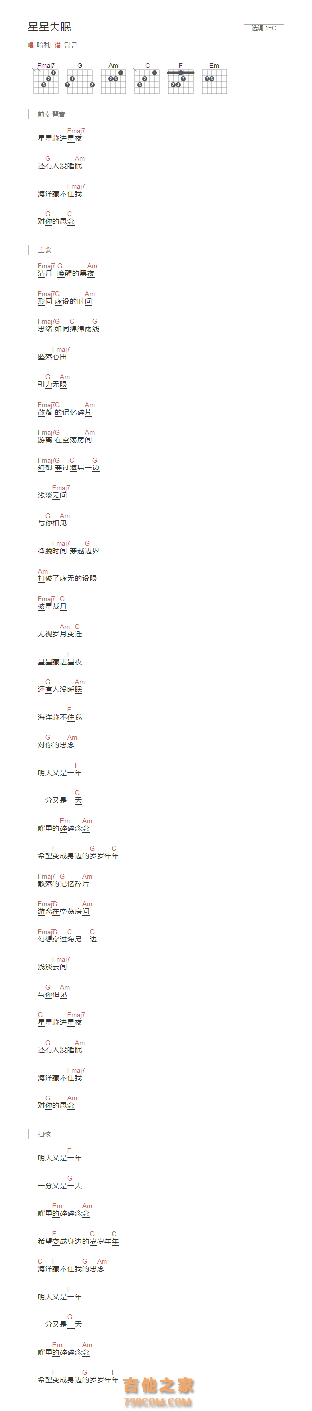 《星星失眠吉他谱》_哈利_C调_吉他图片谱1张 图1