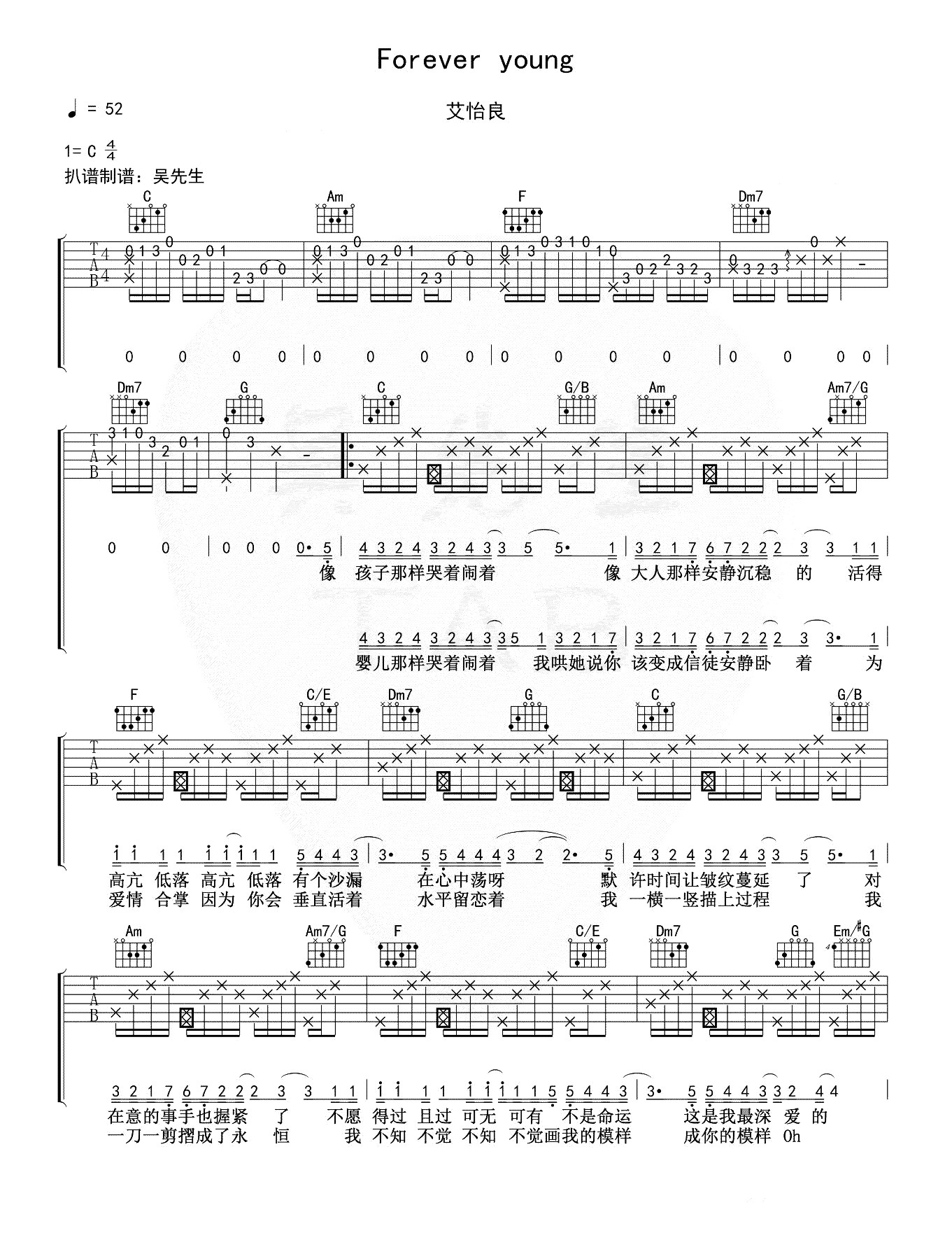 《Forever young吉他谱》_艾怡良_C调_吉他图片谱2张 图1