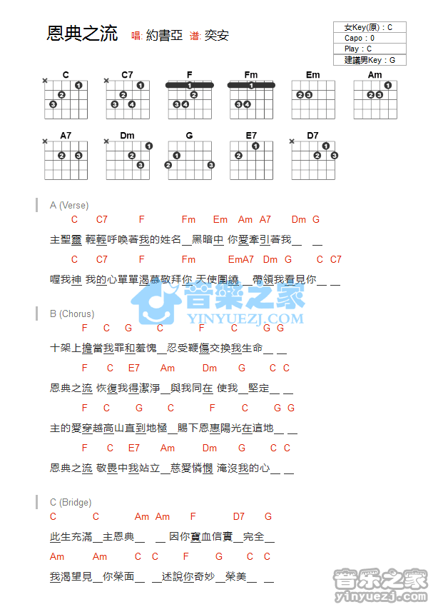 《恩典之流吉他谱》_约书亚_C调_吉他图片谱1张 图1