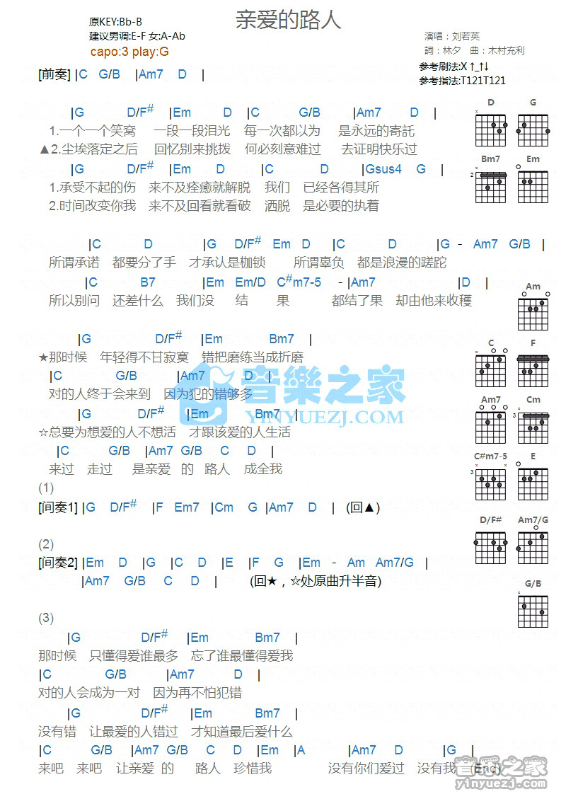 《亲爱的路人吉他谱》_刘若英_G调_吉他图片谱1张 图1