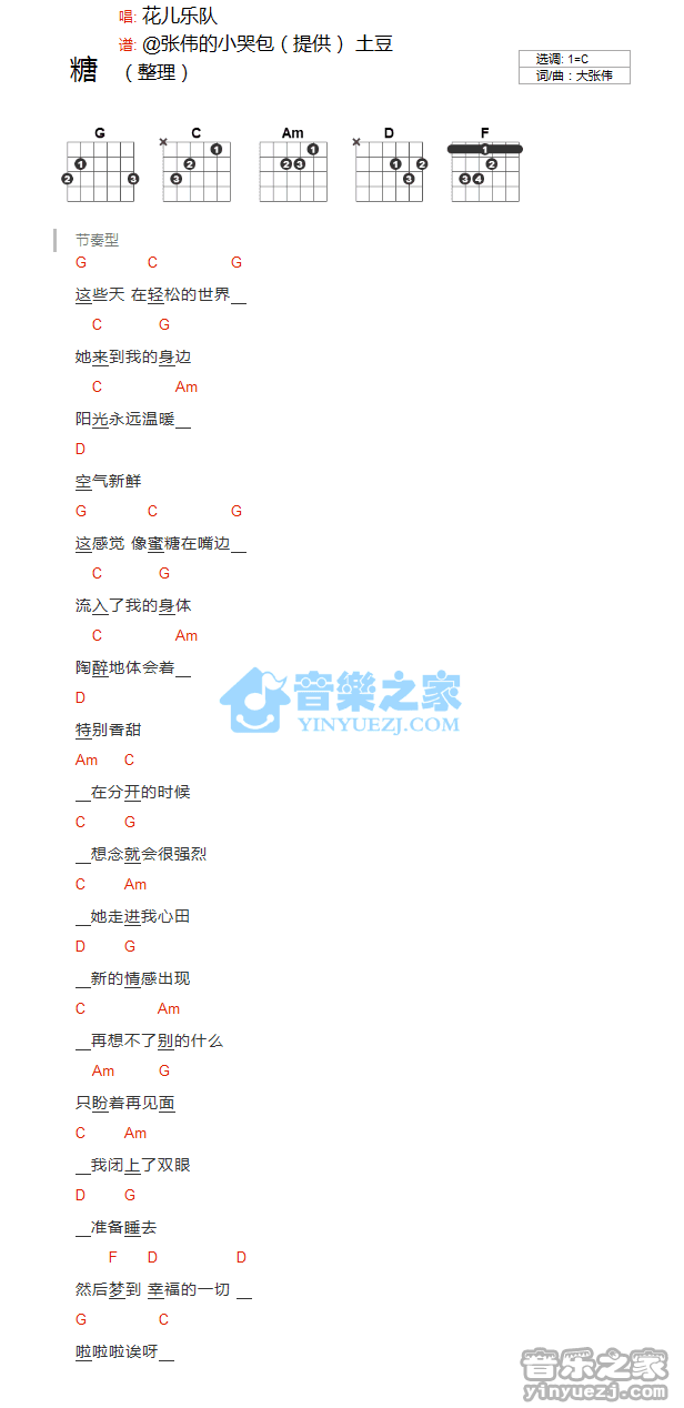 《糖吉他谱》_花儿乐队_C调_吉他图片谱1张 图1