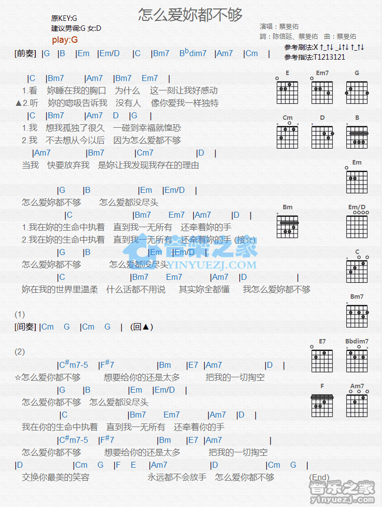 《怎么爱你都不够吉他谱》_蔡F佑_G调_吉他图片谱1张 图1