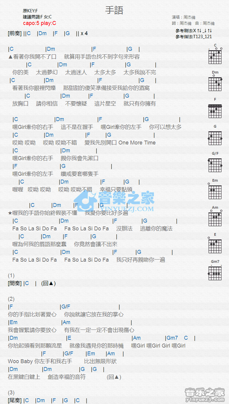 《手语吉他谱》_周杰伦_C调_吉他图片谱1张 图1