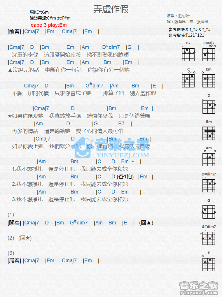 《弄虚作假吉他谱》_庄心妍_G调_吉他图片谱1张 图1