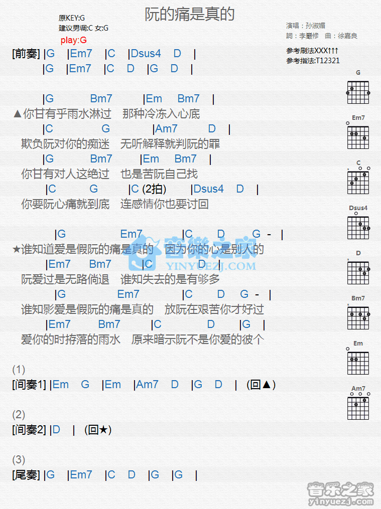 《阮的痛是真的吉他谱》_孙淑媚_G调_吉他图片谱1张 图1