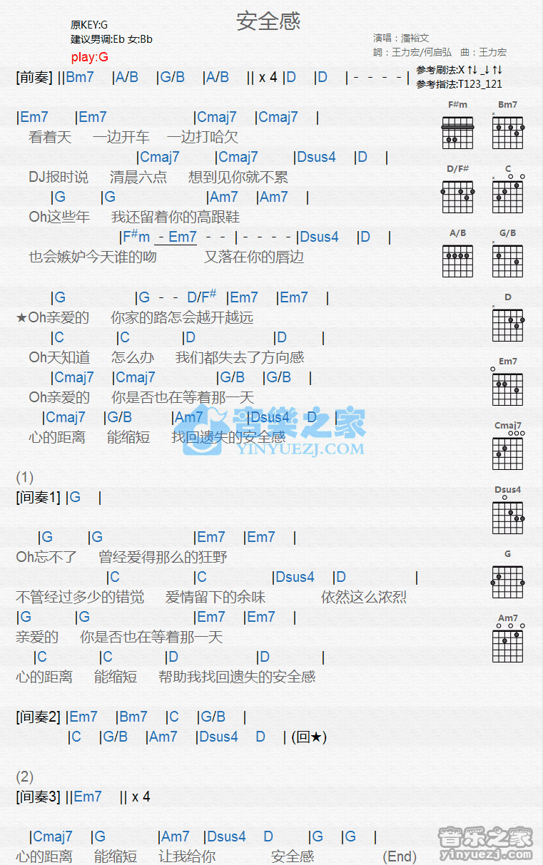 《安全感吉他谱》_潘裕文_G调_吉他图片谱1张 图1