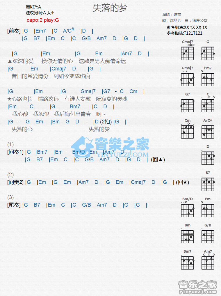 《失落的梦吉他谱》_陈雷_G调_吉他图片谱1张 图1