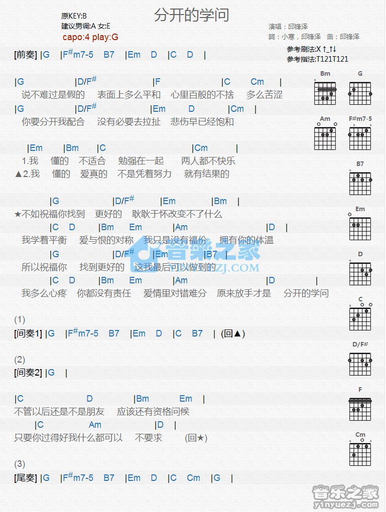 《分开的学问吉他谱》_邱锋泽_G调_吉他图片谱1张 图1