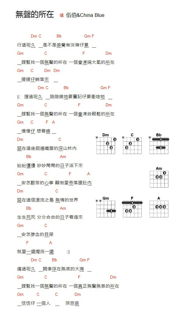 《无声的所在吉他谱》_伍佰_未知调_吉他图片谱1张 图1