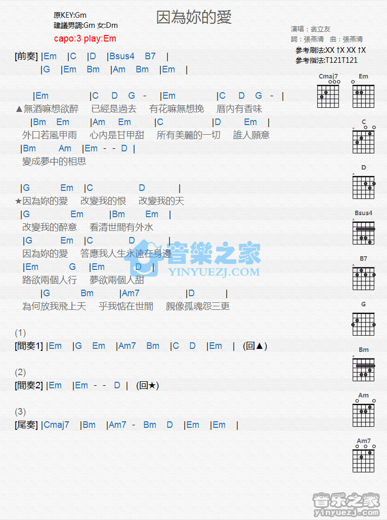 《因为你的爱吉他谱》_翁立友_G调_吉他图片谱1张 图1